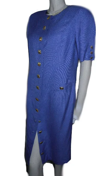 *VINTAGE LOUIS FERAUD LINEN-LOOK DRESS ACCENTED WITH GOLD METAL SQUARE BUTTONS IN PERIWINKLE