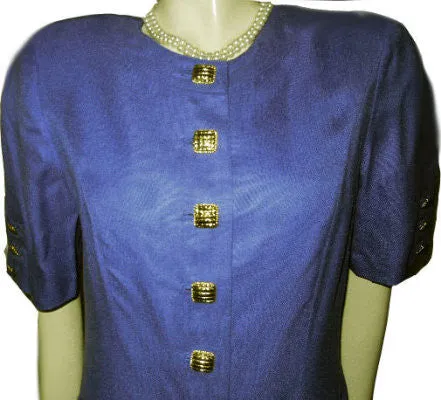 *VINTAGE LOUIS FERAUD LINEN-LOOK DRESS ACCENTED WITH GOLD METAL SQUARE BUTTONS IN PERIWINKLE