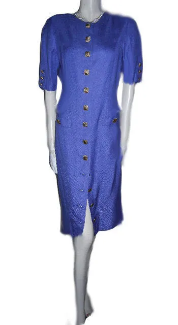 *VINTAGE LOUIS FERAUD LINEN-LOOK DRESS ACCENTED WITH GOLD METAL SQUARE BUTTONS IN PERIWINKLE