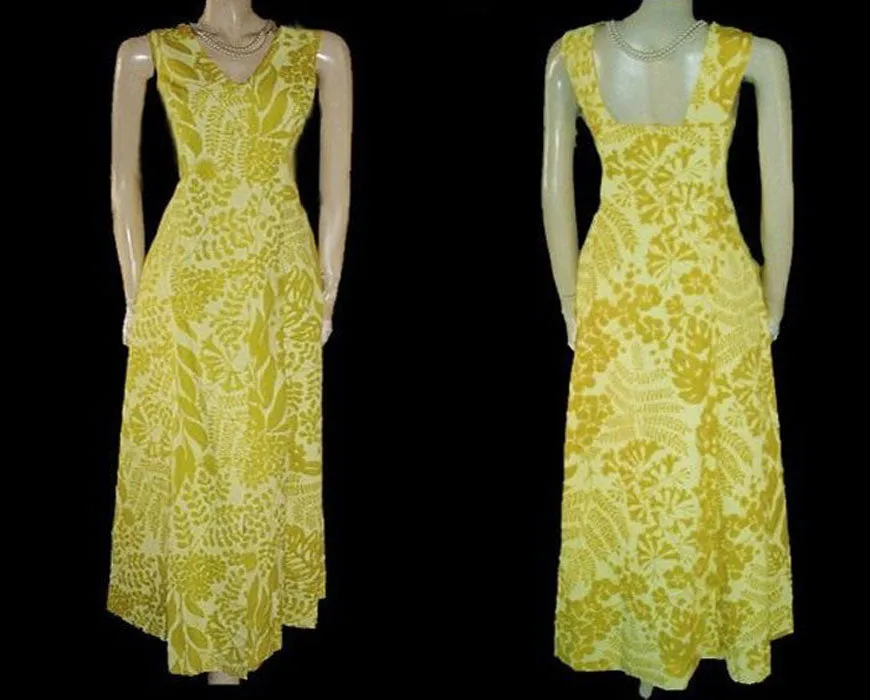 *VINTAGE RUTH CLARAGE HAND PRINTED ORIGINAL LEAF DESIGN DRESS FROM JAMAICA