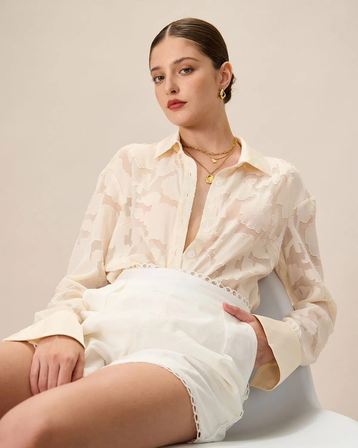 Women's Apricot Jacquard Long Sleeve Shirt