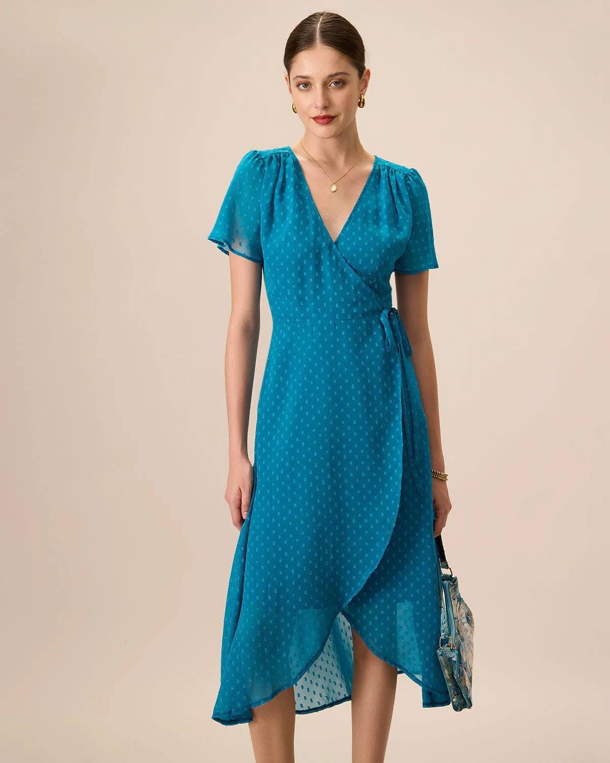 Women's Blue V-Neck Wrap Midi Dress