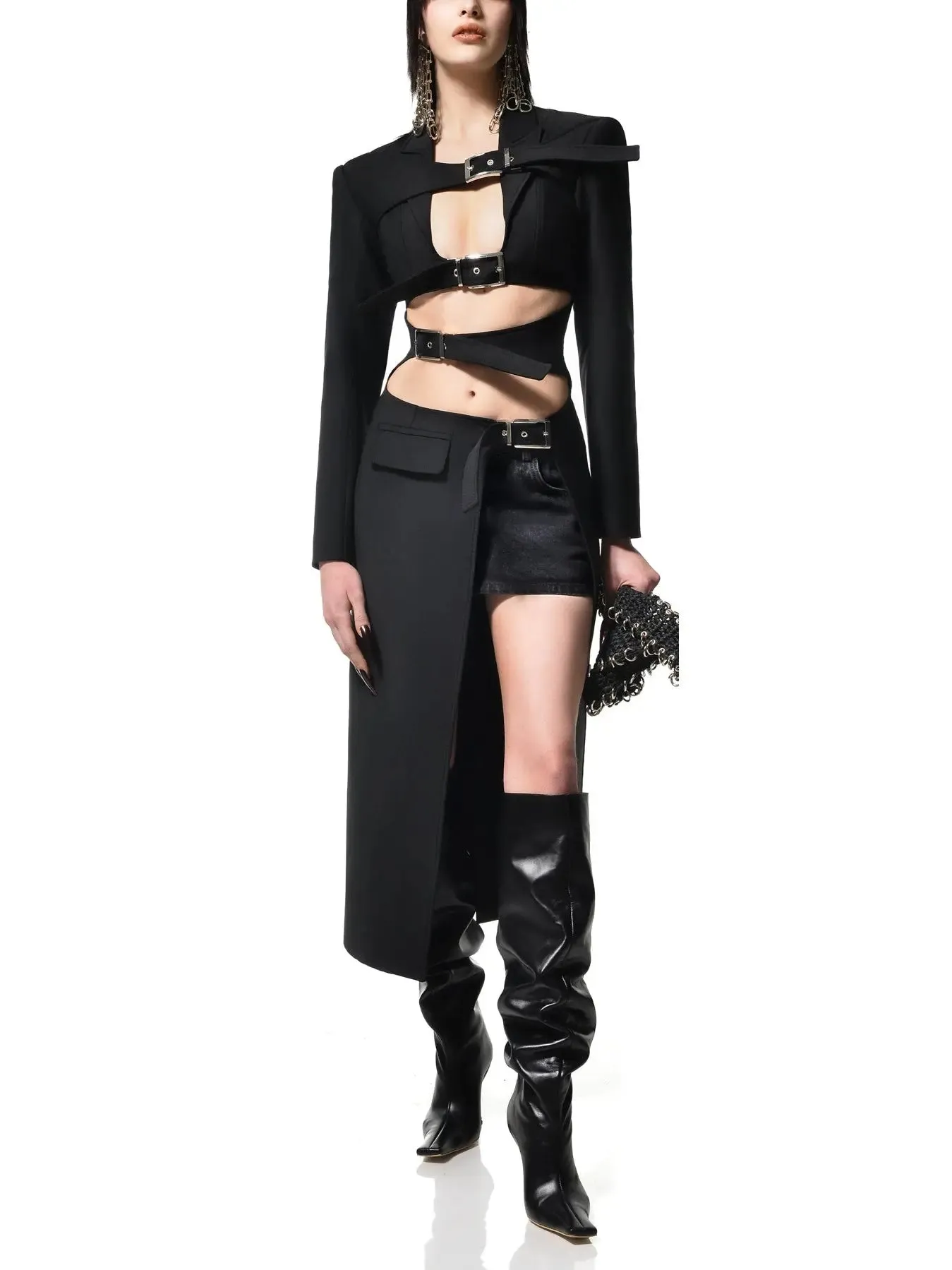 Women’s Buckled-Open-Front Trench and Skirt Set