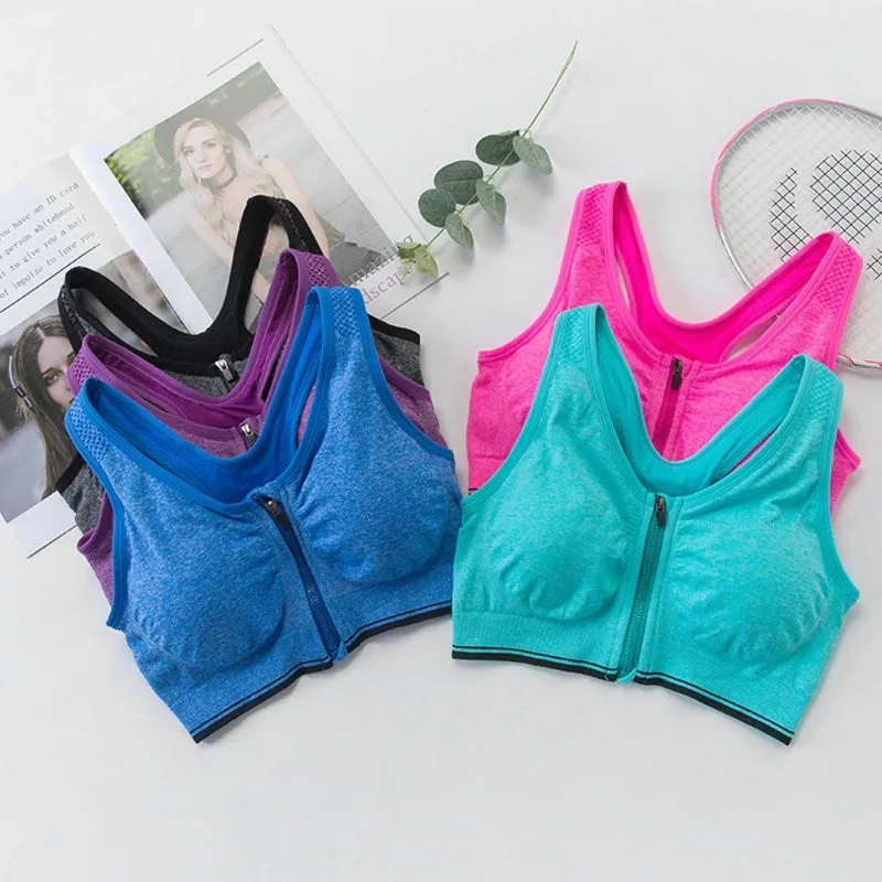 Women's Zipper Front Open Sports Bra with Removable Pads