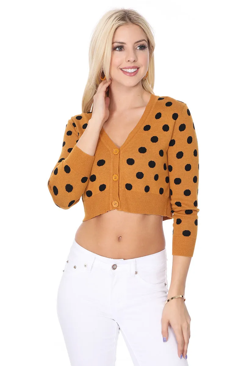 YEMAK Women's 3/4 Sleeve V-Neck Polka Dot Cropped Bolero Sweater Cardigan MK8213 (S-L)