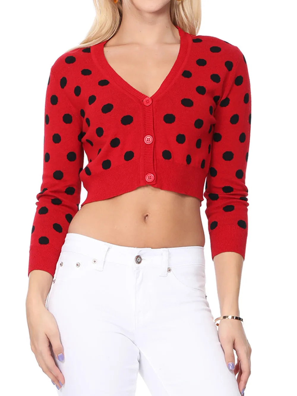 YEMAK Women's 3/4 Sleeve V-Neck Polka Dot Cropped Bolero Sweater Cardigan MK8213 (S-L)