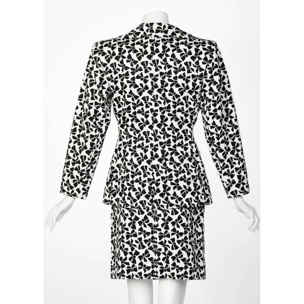 YVES SAINT LAURENT Cotton Black and White Bow Print Skirt Suit, 1980s | Size 42 FR