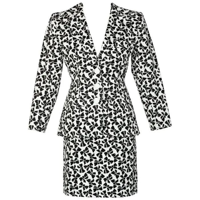 YVES SAINT LAURENT Cotton Black and White Bow Print Skirt Suit, 1980s | Size 42 FR