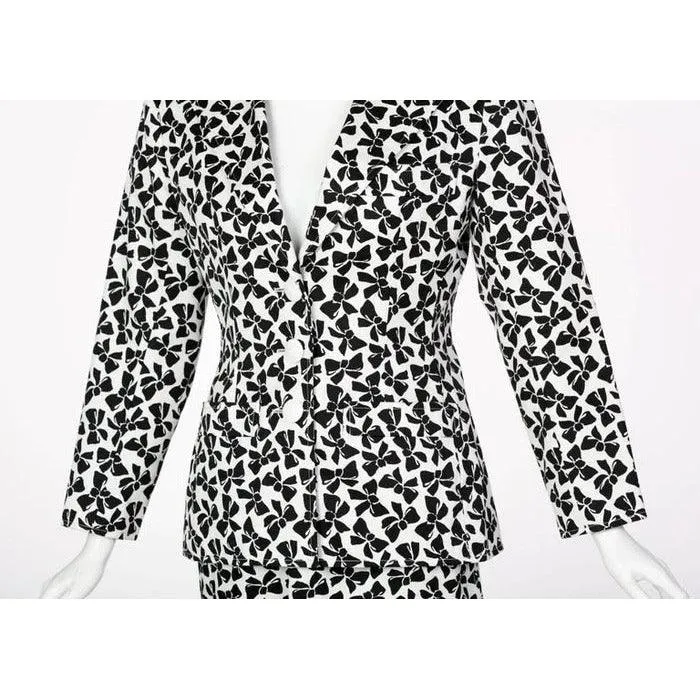 YVES SAINT LAURENT Cotton Black and White Bow Print Skirt Suit, 1980s | Size 42 FR